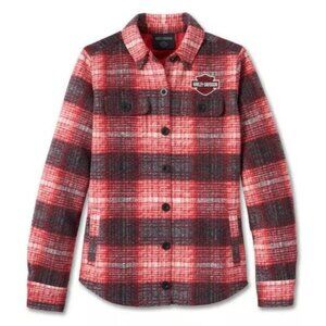 Womens Harley Davidson Red Plaid Onwards Shirt Jacket Fuzzy Flannel Coat XL